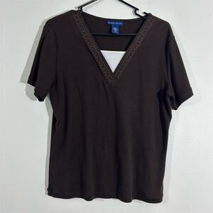 Karen Scott Women's V-Neck Beaded Brown Short Sleeve Top‎ Size S